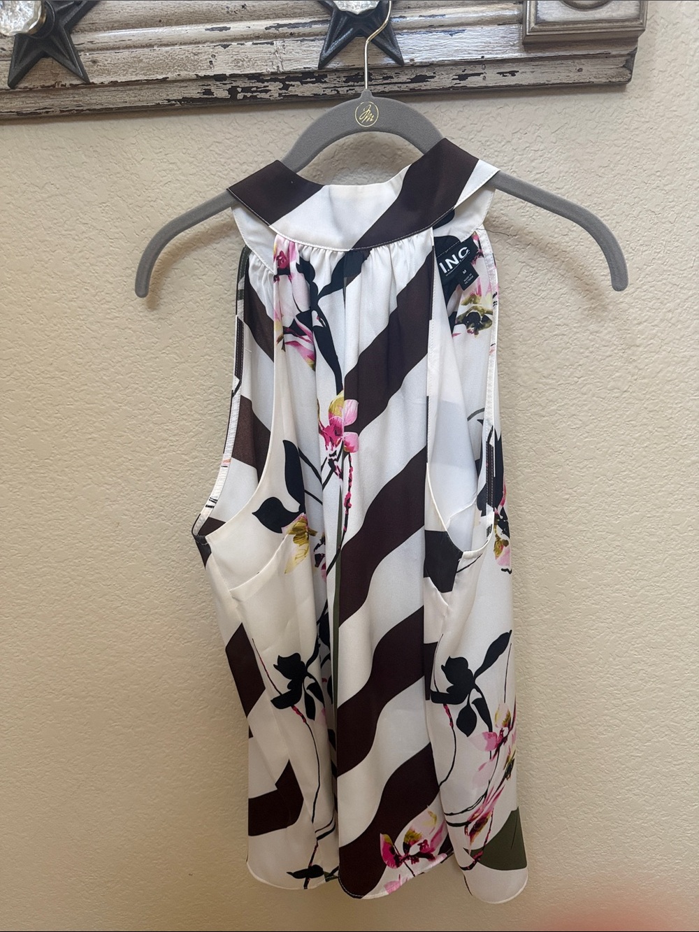 INC International Concepts Brown and Cream Striped Floral Halter Blouse Medium